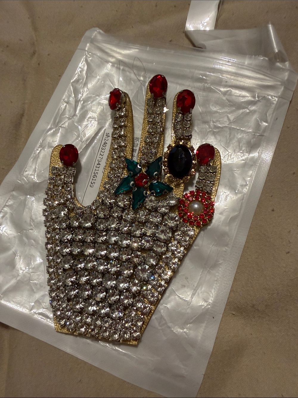 Crystal Embellished Hand patch with Red, Green & Black Accents